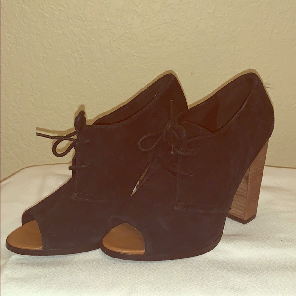 Black suede peep toe, lace up booties
